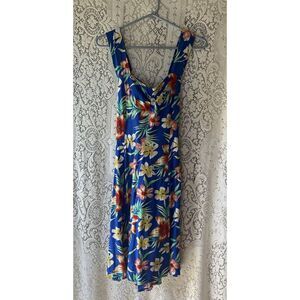 Pineapple Moon Hawaiian Sleeveless Sun Dress Large Luau Blue Zip Back 100% Rayon